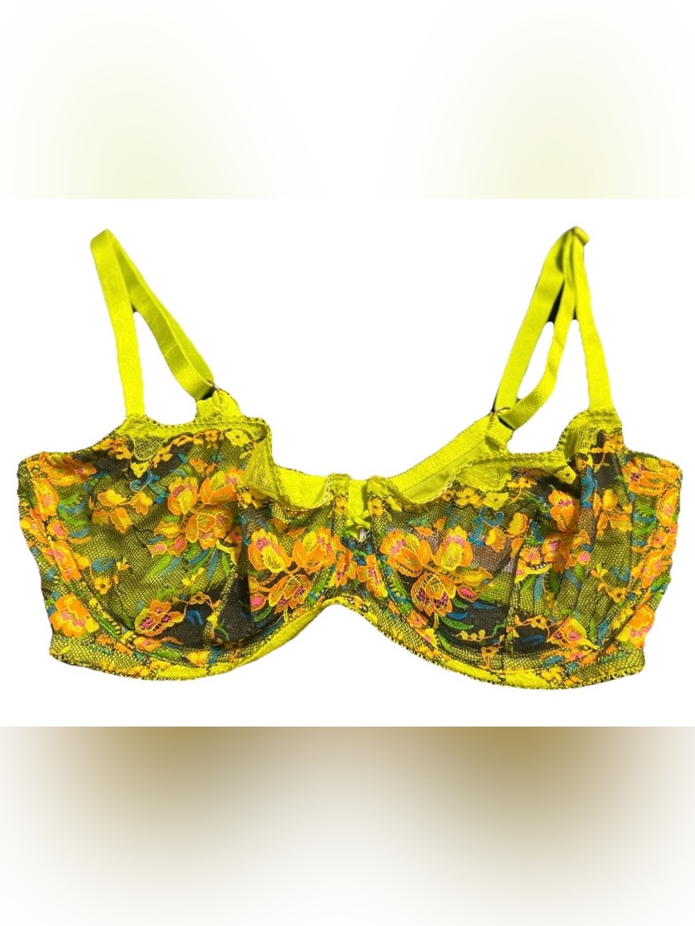 Savage X Fenty 36DDD Neon Floral Lace Underwire Bra Green Y2K